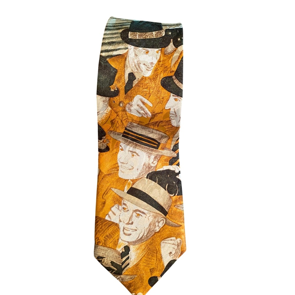 Enigma Hand Made Mens Tie Vintage Film Noir Detective Fedora Graphic Yellow Gold